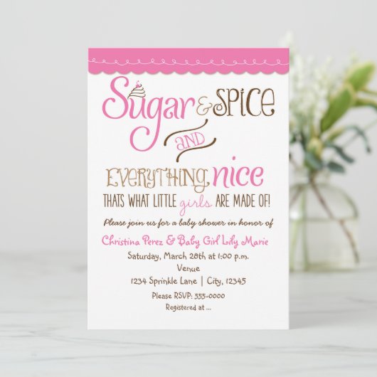 Sugar & Spice Typography Baby shower Uitnodiging (Staand voorkant)