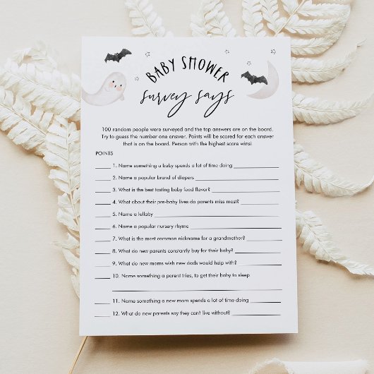 SUGARBOO Halloween Baby shower Survey zegt spel Kaart