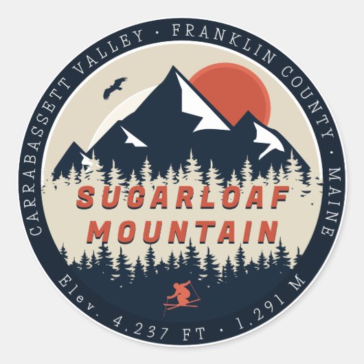 Sugarloaf Maine Mountain Retro  60s Ski Ronde Sticker (Voorkant)