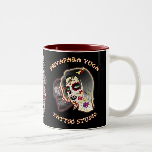sugarskull lady, sugar skull deva, schwert herz tweekleurige koffiemok (Rechts)