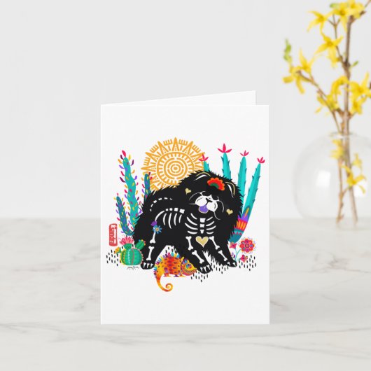 SUGARSKULL NIRVANA chow dog halloween Kaart (Gele Bloem)