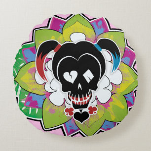 Suicide Squad   Harley Quinn Skull Tattoo Art Rond Kussen