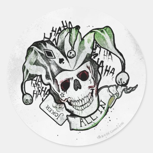 Suicide Squad | Joker Skull "All In" Tattoo Art Ronde Sticker (Voorkant)