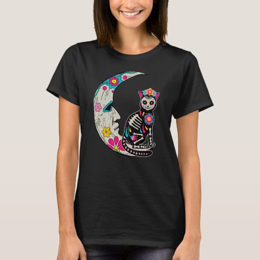 Suiker Cat Moon Dia de Los Muertos Mexican Da T-shirt (Voorkant)
