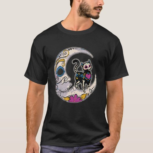 Suiker Cat Moon Dia de Los Muertos Mexican Da T-shirt (Voorkant)