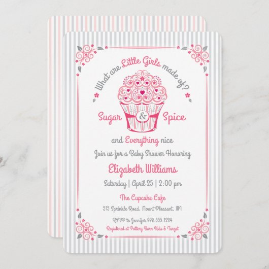 Suiker en Spice Cupcake Baby Meisje Douche Uitnodi Kaart (Voorkant / Achterkant)