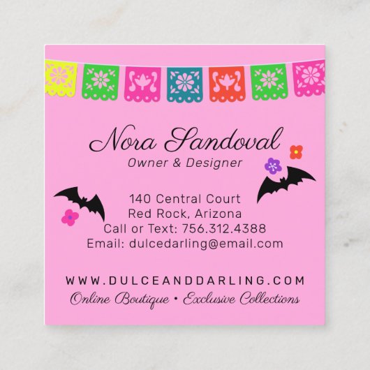 Suiker Floral Calavera Papel Picado Boutique Vierkante Visitekaartje (Achterkant)