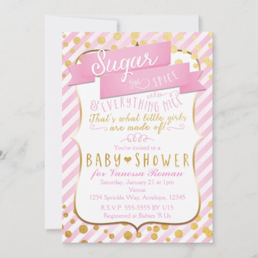 Suiker & Kruiden Roze & Gouden Babyshower Uitnodig Kaart (Voorkant)