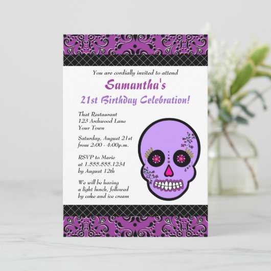 Suiker Paars en zwarte verjaardag uitnodigen Kaart (Staand voorkant)