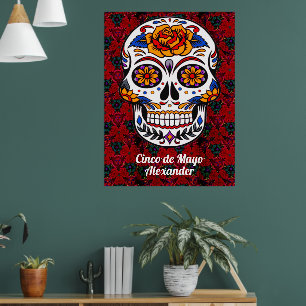 Suiker Schedel Cinco de Mayo Rode Bloem Naam Groot Poster