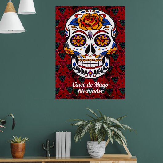 Suiker Schedel Cinco de Mayo Rode Bloem Naam Groot Poster (Woonkamer 1)