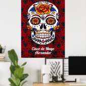 Suiker Schedel Cinco de Mayo Rode Bloem Naam Groot Poster (Thuiskantoor)