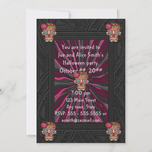 Suiker schedel met bloemenkroon van gesneden hout kaart (Achterkant)