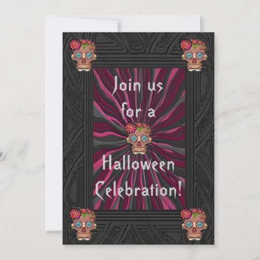 Suiker schedel met bloemenkroon van houtsnijwerk kaart (Voorkant)