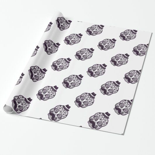 Suiker Schedel met Fedora Hoed Cadeaupapier (Uitgerold)