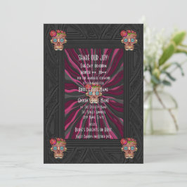 Suiker schedel met houtsnijwerk look en bloemenkro kaart