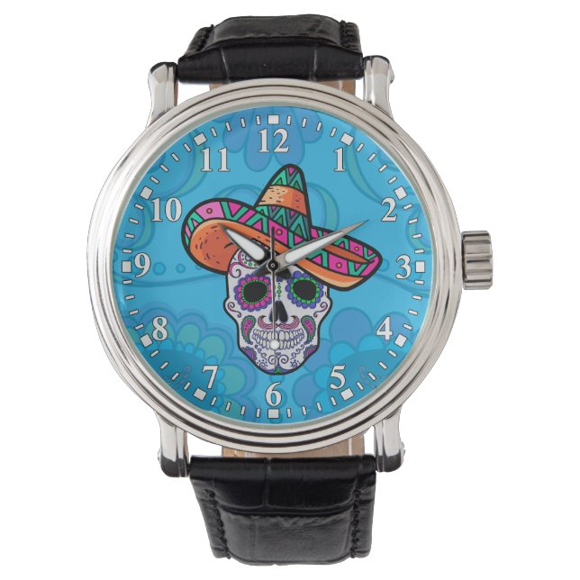 Suiker Schedel Mexicaanse Hoed Horloge (Voorkant)