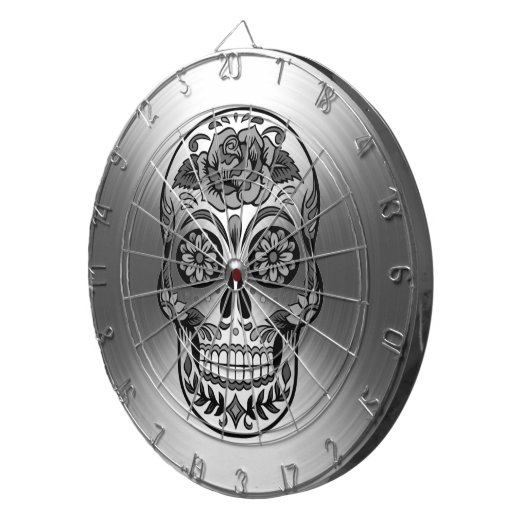 Suiker schedel op stralend zilver patroon dartbord (Voorkant Rechts)