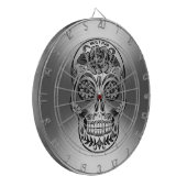 Suiker schedel op stralend zilver patroon dartbord (Voorkant Links)
