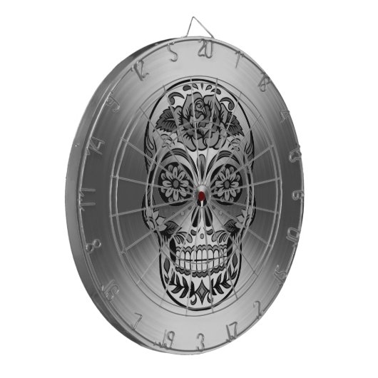 Suiker schedel op stralend zilver patroon dartbord (Voorkant Links)