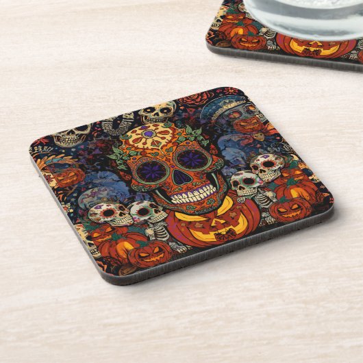 Suiker Schedel Pompoen Feest, Calavera Bier Onderzetter (Linkerzijde)