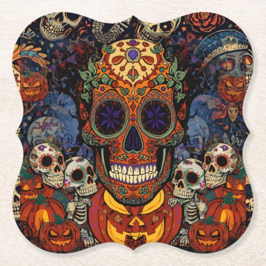 Suiker Schedel Pompoen Feest, Calavera Kartonnen Onderzetters (Voorkant)