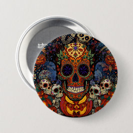 Suiker Schedel Pompoen Feest, Calavera Ronde Button 7,6 Cm