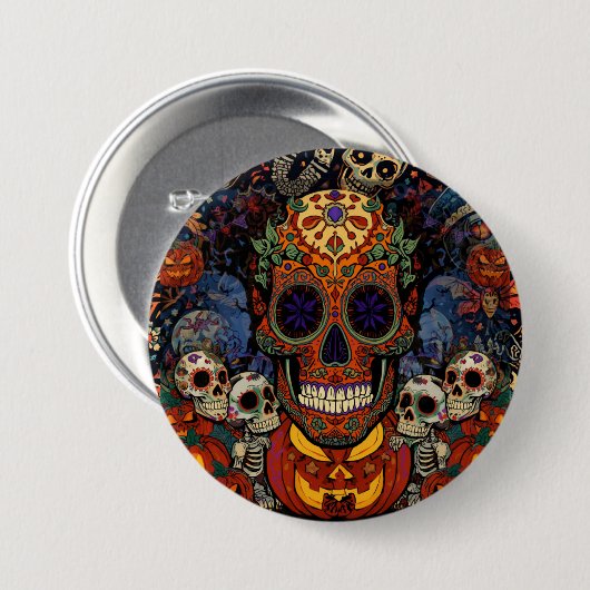 Suiker Schedel Pompoen Feest, Calavera Ronde Button 7,6 Cm (Voorkant /achterkant)
