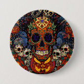 Suiker Schedel Pompoen Feest, Calavera Ronde Button 7,6 Cm (Voorkant)