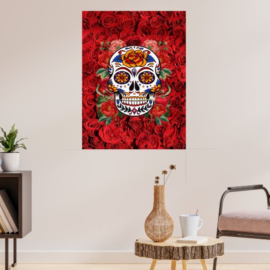 Suiker Schedel Roze Rode Rozen Vakantie Groot Poster (Woonkamer 3)