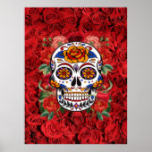 Suiker Schedel Roze Rode Rozen Vakantie Groot Poster (Voorkant)