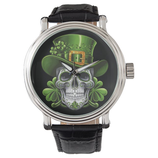 Suiker Schedel St. Patrick's Dag Klavertje Horloge (Voorkant)