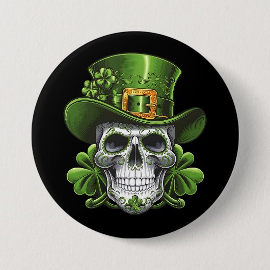 Suiker Schedel St. Patrick's Dag Klavertje Ronde Button 7,6 Cm (Voorkant)