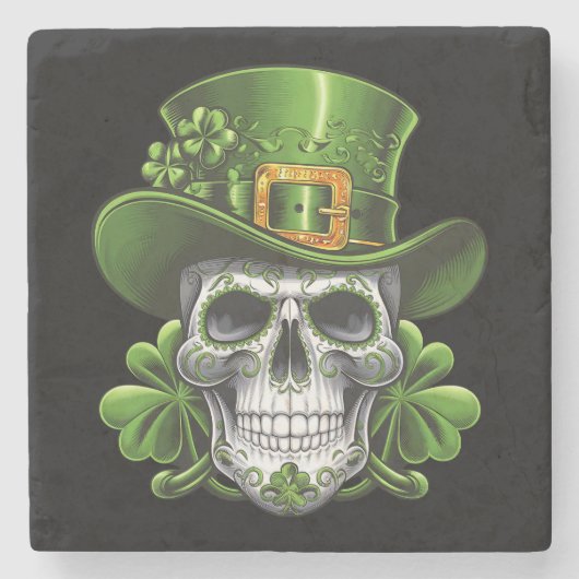 Suiker Schedel St. Patrick's Dag Shamrock Stenen Onderzetter (Voorkant)