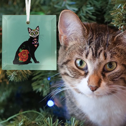Suiker Schedel Zwarte Kat Roos Teal Hart Glas Ornament