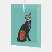 Suiker Schedel Zwarte Kat Roos Teal Hart Glas Ornament (Voorkant links)