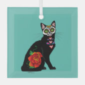 Suiker Schedel Zwarte Kat Roos Teal Hart Glas Ornament (Voorkant)