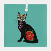 Suiker Schedel Zwarte Kat Roos Teal Hart Glas Ornament (Achterkant)