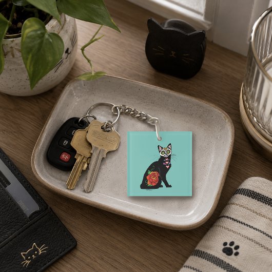 Suiker Schedel Zwarte Kat Roos Teal Hart Sleutelhanger
