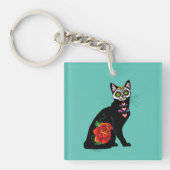 Suiker Schedel Zwarte Kat Roos Teal Hart Sleutelhanger (Voorkant)