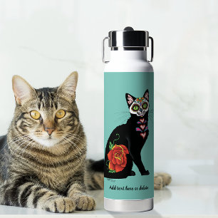 Suiker Schedel Zwarte Kat Roos Teal Hart Waterfles