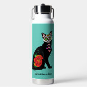 Suiker Schedel Zwarte Kat Roos Teal Hart Waterfles (Voorkant)