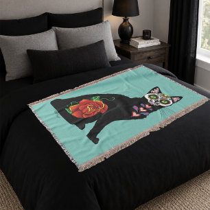 Suiker Schedel Zwarte Kat Roos Turquoise Hart Deken