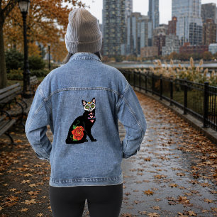 Suiker Schedel Zwarte Kat Roos Turquoise Hart Denim Jacket