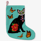 Suiker Schedel Zwarte Kat Roos Turquoise Hart Kleine Kerstsok (Voorkant)