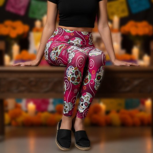 Suiker Schedels en Krullen Roze Rood ID725 Leggings