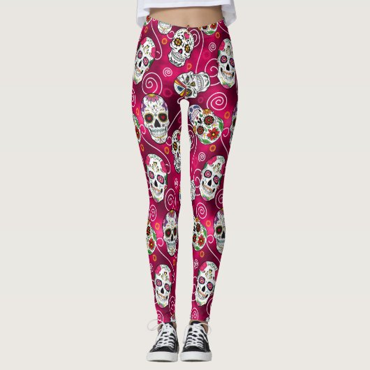 Suiker Schedels en Krullen Roze Rood ID725 Leggings (Voorkant)