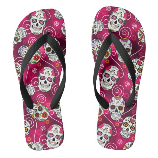 Suiker Schedels en Krullen Roze Rood ID725 Teenslippers (Voetbed)