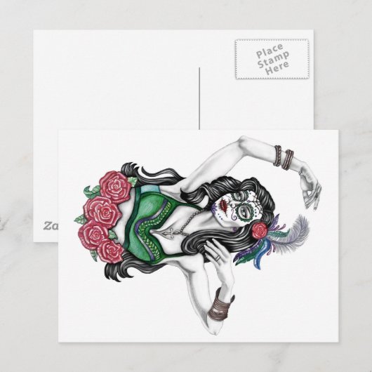 Suiker schedelvrouw met Rozen Briefkaart (Voorkant / Achterkant)