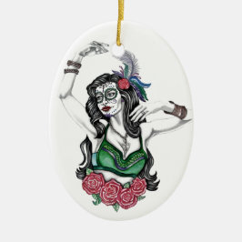 Suiker schedelvrouw met Rozen Keramisch Ornament